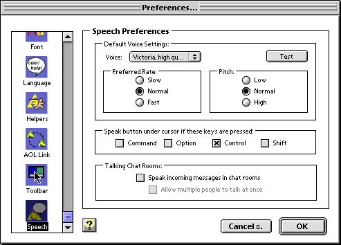 AOL's Preferences window Speech section